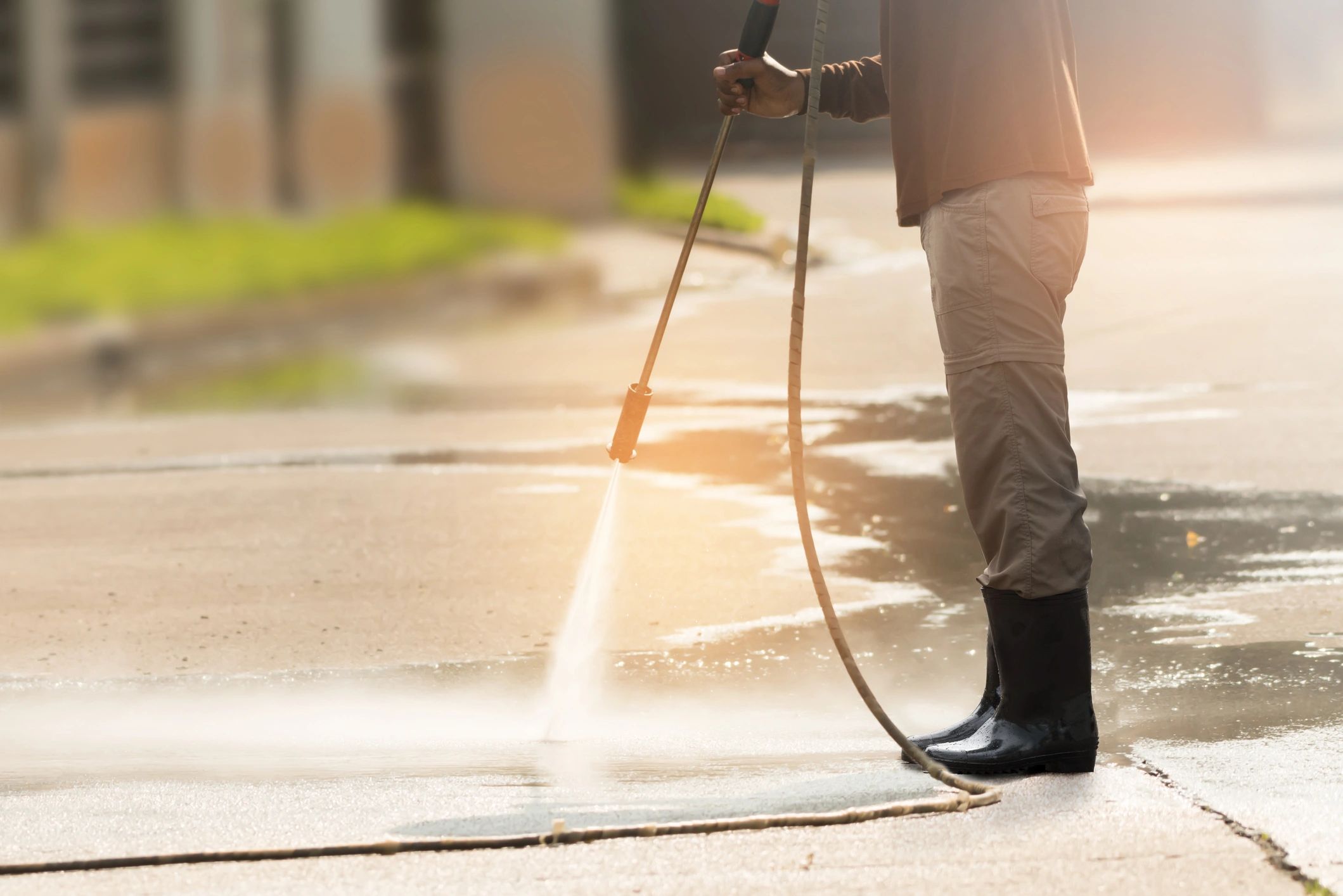 Pressure washing government building steps